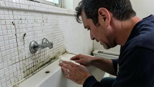 A distressed person cleaning a bathroom with tiny mosaic tiles and visible mold in the grout lines, emphasizing the difficulty and frustration.
