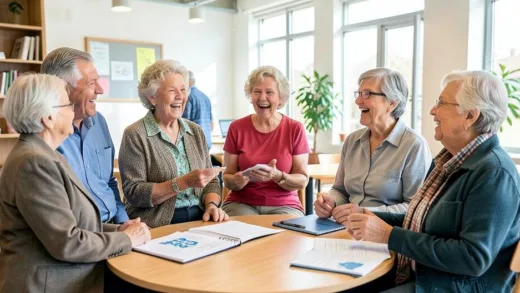A diverse group of energetic seniors, including those born in 1961, are actively engaging in a modern community center, discussing new job opportunities with bright expressions, symbolizing a new chapter and vitality in 2026.