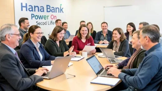 A diverse group of middle-aged people enthusiastically participating in a career development workshop, with "Hana Bank Power On Second Life" branding subtly in the background. They are smiling and engaged, with laptops and notebooks open.