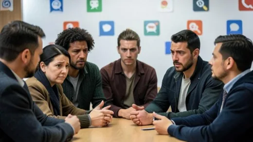 A diverse group of people discussing, some looking stressed, with social media icons subtly in the background, representing public opinion and influence. The atmosphere is tense.