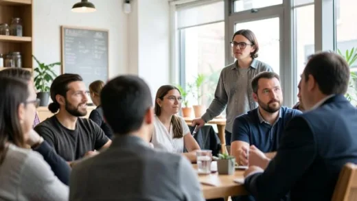 A diverse group of people in a modern, light-filled cafe. One person subtly stands slightly apart, observing the others with a thoughtful expression. The overall mood is curious and slightly detached.