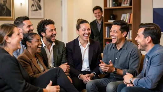 A diverse group of people laughing genuinely at a witty speaker, with a subtle background suggesting a blend of formal and casual settings, conveying confidence and charm.