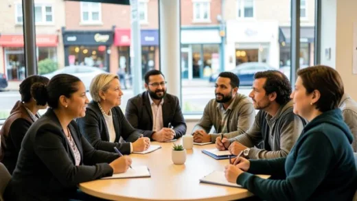 A diverse group of people of all ages and backgrounds engaging in a thoughtful and respectful discussion in a modern, well-lit community center. They are actively listening and taking notes, with a blurred backdrop of a thriving city showing local businesses and homes, symbolizing community engagement and voter concerns.