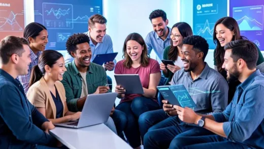 A diverse group of people, some with laptops and tablets, looking excited and collaborative, futuristic AI interface elements subtly integrated, representing the beginning of an AI video production journey, vibrant and modern style.