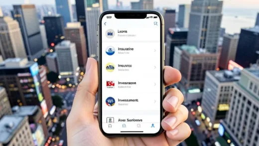A diverse range of financial services, like loans, insurance, and investments, neatly organized and accessible on a single, modern smartphone screen, with a bustling city background.