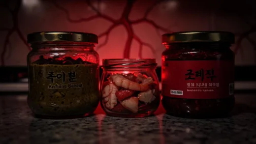 A dramatic close-up of common Korean seasonings (anchovy sauce, salted shrimp, gochujang, dashida) on a kitchen counter, with a subtle, ominous red glow suggesting danger and blood vessels in the background.