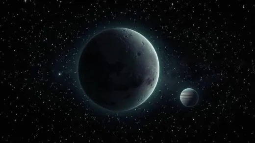 A dramatic depiction of the dwarf planet Eris, glowing faintly against a dark, star-filled space, with a smaller, icy Pluto in the background, symbolizing a shift in solar system understanding.