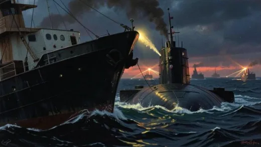 A dramatic, moody painting depicting a civilian cargo ship's bow colliding with a military submarine surfacing in a dark, choppy sea at dusk, with searchlights from nearby rescue boats in the background. Emphasize the historical period of 1981, with a sense of tension and tragedy.