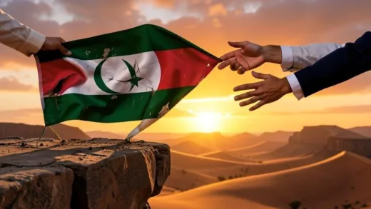 A dramatic scene depicting a financially distressed Pakistan, represented by a national flag or symbol, standing on the edge of a cliff, with UAE's hand pushing and Saudi Arabia's hand reaching out to pull it back. In the background, Middle Eastern desert landscape at sunset.
