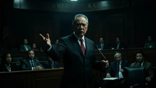 A dramatic scene in a dimly lit Philippine Senate chamber, a lone senator stands prominently, casting a decisive vote, tension is palpable, focus on the senator's determined expression, a hint of chaos in the background, political thriller atmosphere.