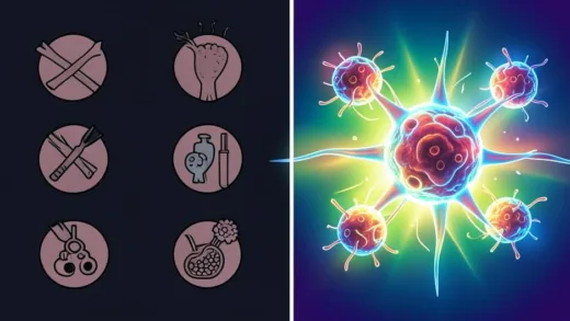 A dramatic split illustration showing traditional cancer treatments (surgery, radiation, chemotherapy icons) on one side with dark colors, and a glowing immune cell attacking cancer cells on the other side with bright hopeful colors, medical illustration style