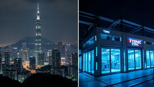 A dramatic split view of Taiwan's skyline with the Taipei 101 building on one side, and a futuristic TSMC semiconductor fab with glowing blue lights emitting from clean room windows at night, cinematic lighting, photorealistic