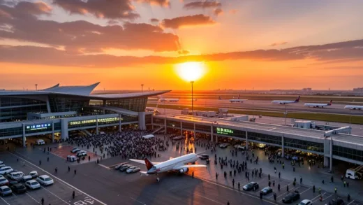 A dramatic wide shot of Incheon International Airport at sunset with crowded terminal and airplanes on runways, South Korea, modern architecture, cinematic lighting, high detail