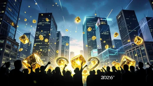 A dynamic and futuristic visual representing the AI gold rush in 2026, with glowing digital gold nuggets and silhouettes of large tech company buildings, emphasizing both rapid growth and underlying financial tension.