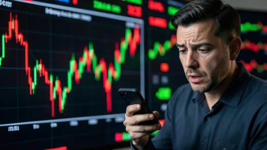 A dynamic chart showing a sharp drop in a stock market index, with a bewildered investor looking at it on a mobile phone, against a background of flickering red and green stock price indicators, realistic, mobile-friendly composition.