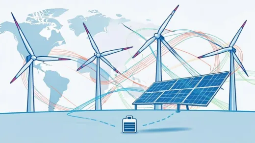 A dynamic illustration of fluctuating oil prices and renewable energy sources (wind turbines, solar panels) coexisting, with abstract lines representing global capital flow towards new energy technologies. A subtle battery icon in the foreground.