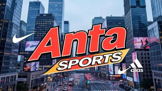 A dynamic illustration of the Anta Sports logo prominently displayed, with smaller, recognizable logos of Nike and Adidas in the background, subtly indicating a shift in market dominance. The setting is a bustling, modern city with a skyline, representing global markets.