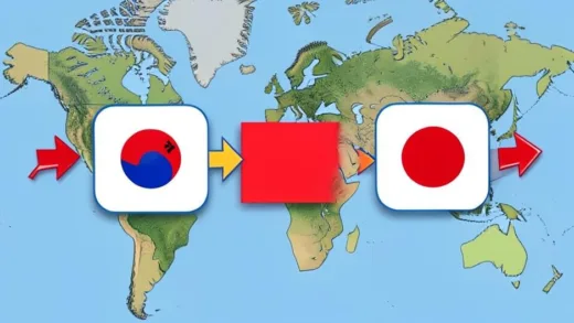 A dynamic illustration showing the Line app icon transitioning from a Korean flag to a Japanese flag, with arrows indicating transfer of ownership, set against a backdrop of a global map.