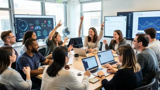 A dynamic image of a diverse group of people, including small business owners, enthusiastically learning AI skills in a modern, collaborative classroom setting, with digital screens displaying AI concepts.