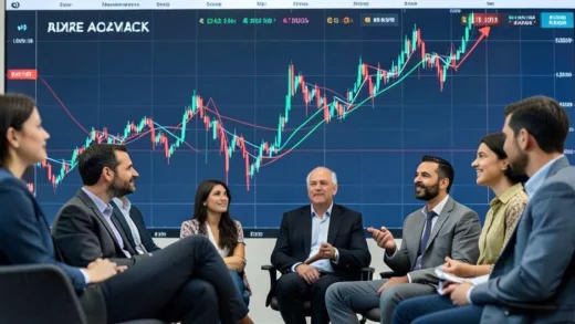 A dynamic image of a stock market chart showing upward and downward trends, with a diverse group of investors calmly observing, representing market adaptation and growth in 2026.