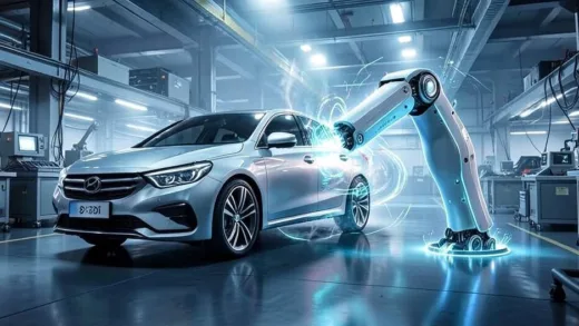 A dynamic image showing a modern car transforming into a sleek robot arm in a futuristic factory setting, symbolizing the re-evaluation of Hyundai Motor Group.