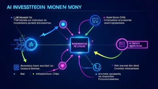 A dynamic infographic showing the flow of AI investment money from LLM models to infrastructure chips and then to various AI service applications, with arrows and glowing nodes, dark blue background with neon accent colors, futuristic style.