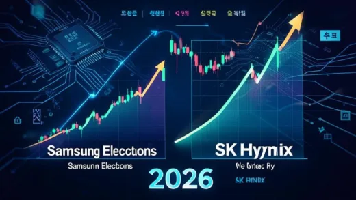A dynamic infographic showing two distinct upward stock charts for Samsung Electronics and SK Hynix, with SK Hynix's chart showing a steeper incline. AI chip graphics are in the background, symbolizing the driving force. Year 2026 is prominently displayed. The overall mood is high-tech and fast-paced, with Korean stock market symbols.