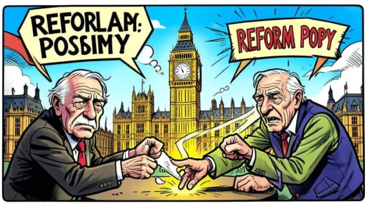 A dynamic political cartoon showing a new, energetic political party (Reform Party) disrupting the traditional two-party system (Labour and Conservative) in the UK, represented by two old, tired figures. The background features Big Ben and the Houses of Parliament. Vibrant colors, symbolizing change.