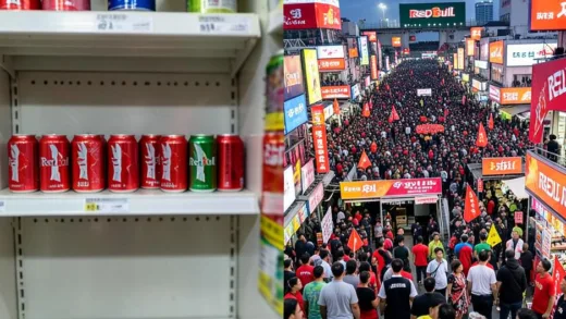 A dynamic split image showing two contrasting scenes. On one side, a small, quiet Korean convenience store shelf with a few Red Bull cans. On the other side, a vast, bustling global marketplace with Red Bull branding prominently displayed everywhere, conveying immense popularity and scale.