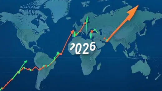 A dynamic stock market chart showing an upward trend, with "2026" prominently displayed, against a backdrop of a global map. The mood is optimistic and growth-oriented.