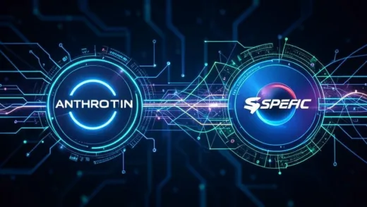 A dynamic visual representation of data flowing between Anthropic and SpaceX logos, symbolizing a new era of AI infrastructure collaboration and competition. High-tech, futuristic style with glowing circuits and networks.
