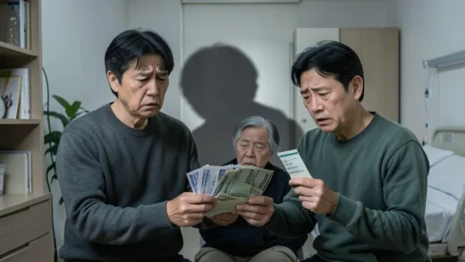 A family in a modern Korean home, looking worried as they hold a pile of unpaid bills, with a subtle, somber shadow of an elderly person in a hospital bed cast behind them.