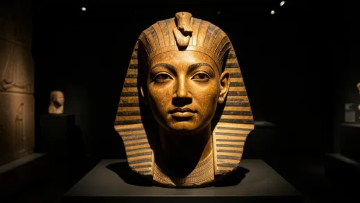 A famous ancient Egyptian bust of Queen Nefertiti displayed in a museum, beautiful detailed limestone sculpture with one eye intact, golden brown colors, dramatic museum lighting, photorealistic style