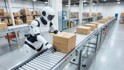 A Figure AI humanoid robot, Figure 01, efficiently and repeatedly placing packages on a conveyor belt in a well-lit, clean warehouse setting, emphasizing a continuous, long-duration work simulation, viewed from a slightly elevated angle. Year 2026.
