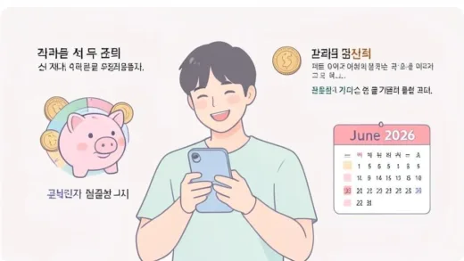 A friendly infographic illustration showing a young Korean person in their 20s-30s smiling while looking at a smartphone with a piggy bank icon, government coin matching visualization, and calendar marking June 2026. Clean minimalist Korean design style with pastel colors.