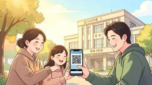 A friendly Korean family looking at a smartphone with a QR code on screen, with Suncheon city hall in the background, warm sunlight, cheerful atmosphere, digital illustration style
