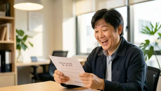 A friendly Korean small business owner looking at a government document with a surprised and happy expression, warm lighting, modern office setting, photorealistic style