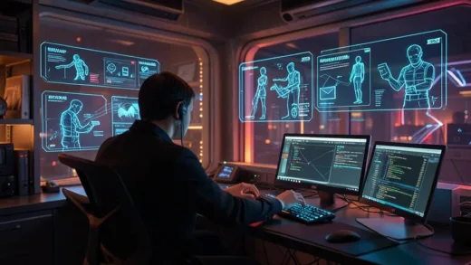 A futuristic 2026 workspace where a person controls multiple glowing AI agents on floating holographic screens, each agent performing different tasks like data analysis, email management, and coding, warm ambient lighting, cyberpunk aesthetic