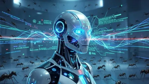 A futuristic AI robot developing more advanced AI algorithms, surrounded by glowing data streams, with a subtle background of human figures depicted as small, busy ants.