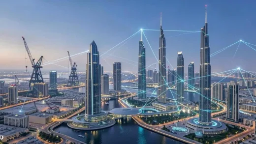 A futuristic cityscape of Dubai with oil rigs in the background, a subtle glow of digital network lines connecting various buildings, representing the blend of traditional oil economy with new tech and finance.
