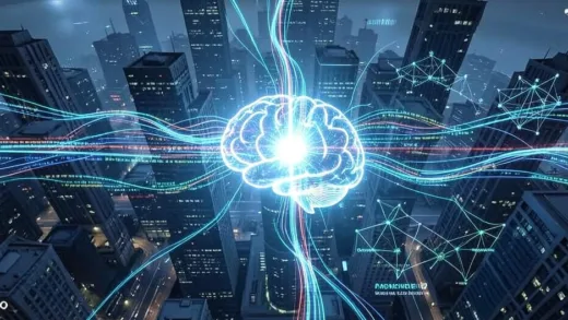 A futuristic cityscape with data streams flowing into a central glowing brain-like AI core, representing the intelligent processing of structured knowledge. Digital representations of ontology graphs are subtly visible.
