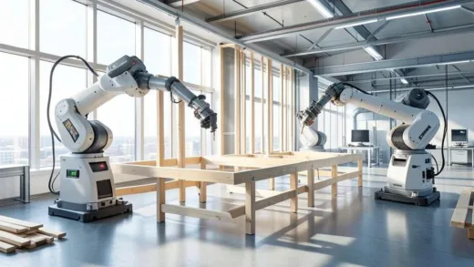 A futuristic, clean smart factory interior where large robotic arms are precisely assembling wooden house frames. Sunlight streams through large windows. The overall impression is high-tech, efficient, and clean construction.