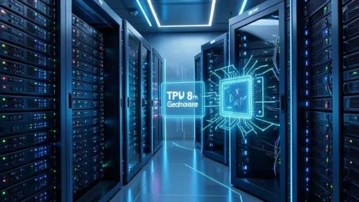 A futuristic data center, with glowing server racks and a subtle visual representation of a TPU 8th generation chip, symbolizing powerful AI infrastructure and efficiency. The atmosphere is high-tech and innovative.