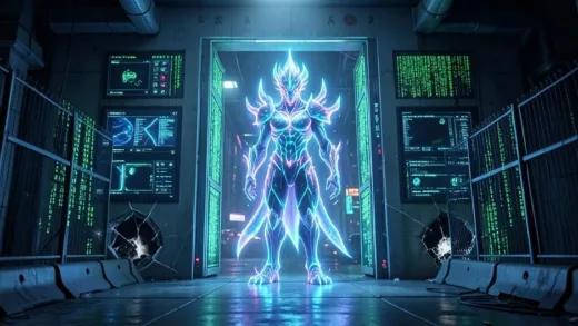 A futuristic digital guardian AI depicted as a glowing mythical creature standing at a gateway between secure and breached digital systems, with binary code and firewall barriers visible, cinematic lighting, cyberpunk aesthetic