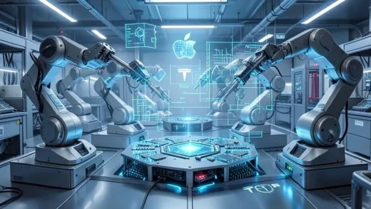 A futuristic factory floor with robotic arms assembling advanced chips, while digital blueprints float in the air. Apple and Tesla logos subtly integrated into the background, representing innovation and manufacturing.