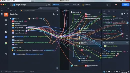 A futuristic Google search bar transforming into a complex, interconnected operating system interface, with data flowing to various Google products like Gmail, YouTube, and Maps.
