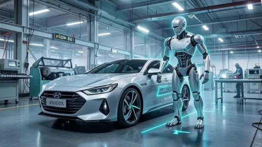 A futuristic image of a sleek car transforming into a humanoid robot in a factory setting, symbolizing the evolution of Hyundai beyond traditional manufacturing.