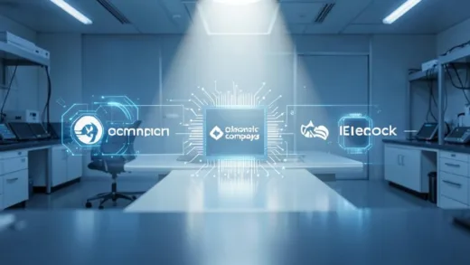 A futuristic image of advanced AI chips, with a subtle spotlight shifting from one company's logo to another, symbolizing a market re-evaluation. The setting is a clean, high-tech lab.