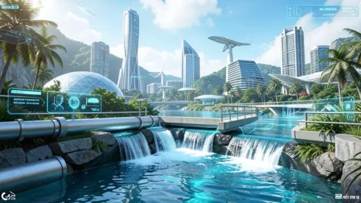 A futuristic image showing water flowing cleanly through pipes, overseen by AI interfaces, with a backdrop of sustainable cities and nature.