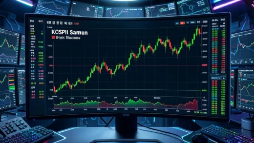 A futuristic Korean stock market monitor showing KOSPI index soaring with Samsung Electronics and SK Hynix stock prices prominently displayed, green candlesticks rising, professional trading environment with multiple screens, cyberpunk aesthetic, 4K resolution